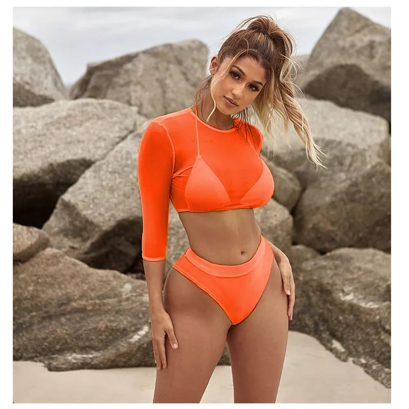 Mesh three-piece bikini split swimsuit in green, orange, pink with high-waist design
