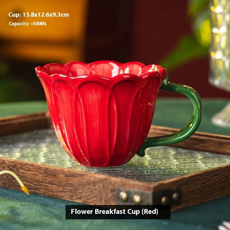 Ceramic breakfast cup with floral pastoral design holding 500ml capacity for tea or coffee