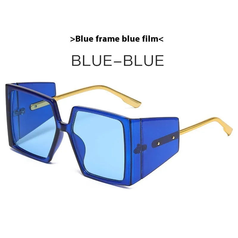 Large square frame sunglasses with UV400 lenses in various colours including black, blue, and green frames.