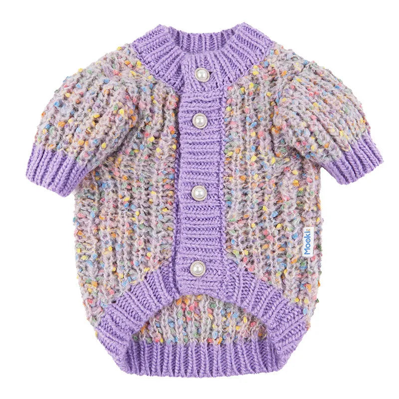 Purple dog cardigan sweater for XL and XXL sized pets made from soft polyester fabric