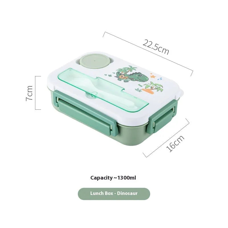 1300ml rectangular plastic cartoon bento box with sealed lid and microwaveable heating, available in three designs