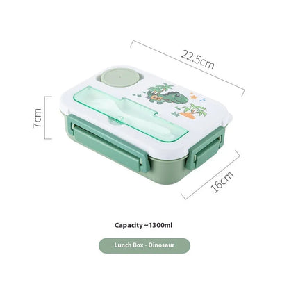1300ml rectangular plastic cartoon bento box with sealed lid and microwaveable heating, available in three designs