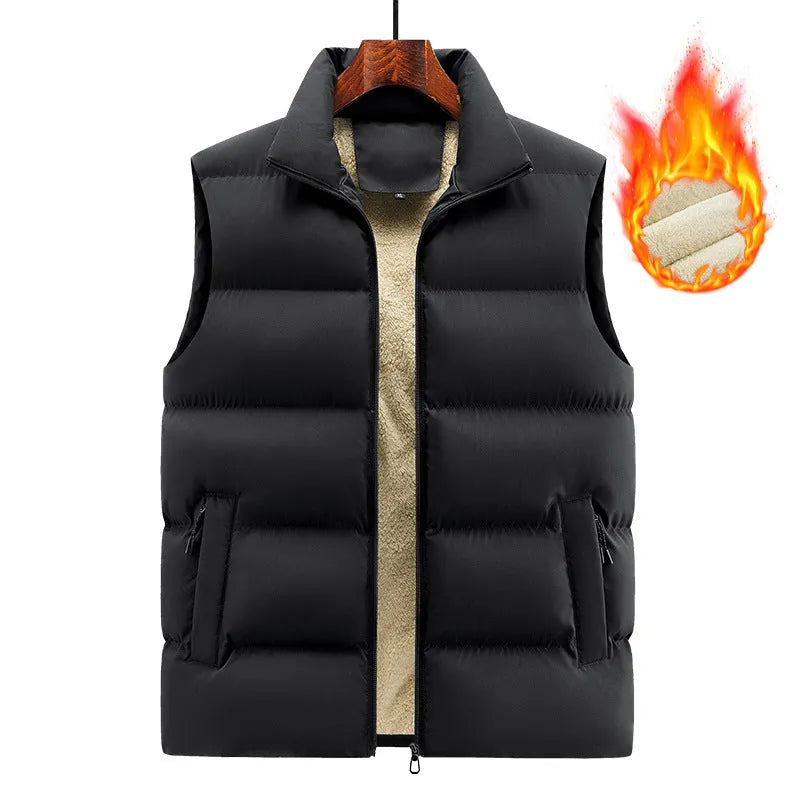 Man wearing a black and white stripe lambswool vest jumper for winter.