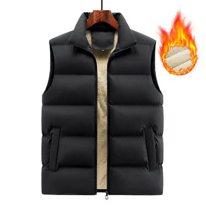 Man wearing a black and white stripe lambswool vest jumper for winter.