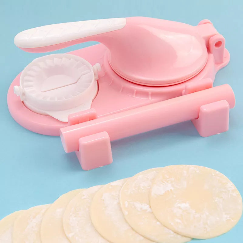3-in-1 dumpling maker with ergonomic handle in pink, orange, white, and green