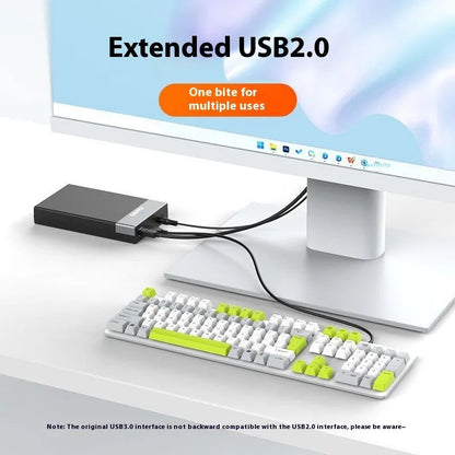 Black and silver 3.5-inch SATA hard disk enclosure with slide-open cover, USB 3.0 cable, and power adapter.