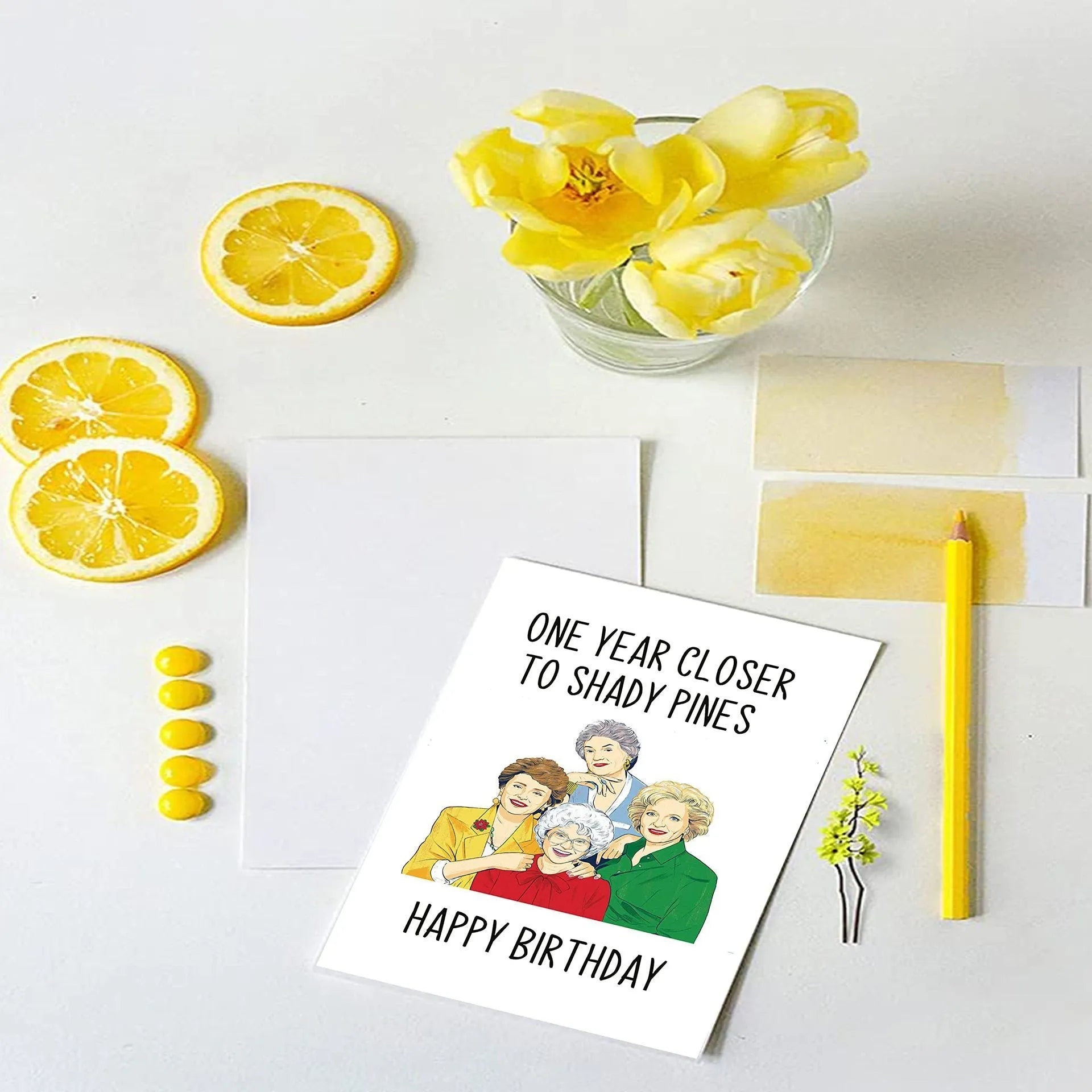 Simple modern birthday greeting card with choice of coloured envelopes: yellow, purple, pink, red, and kraft paper.