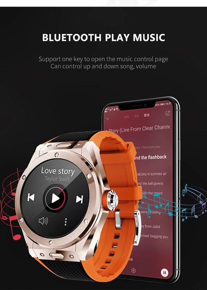 Black Bluetooth smart watch with 1.28-inch screen showing heart rate display on silicone sport strap