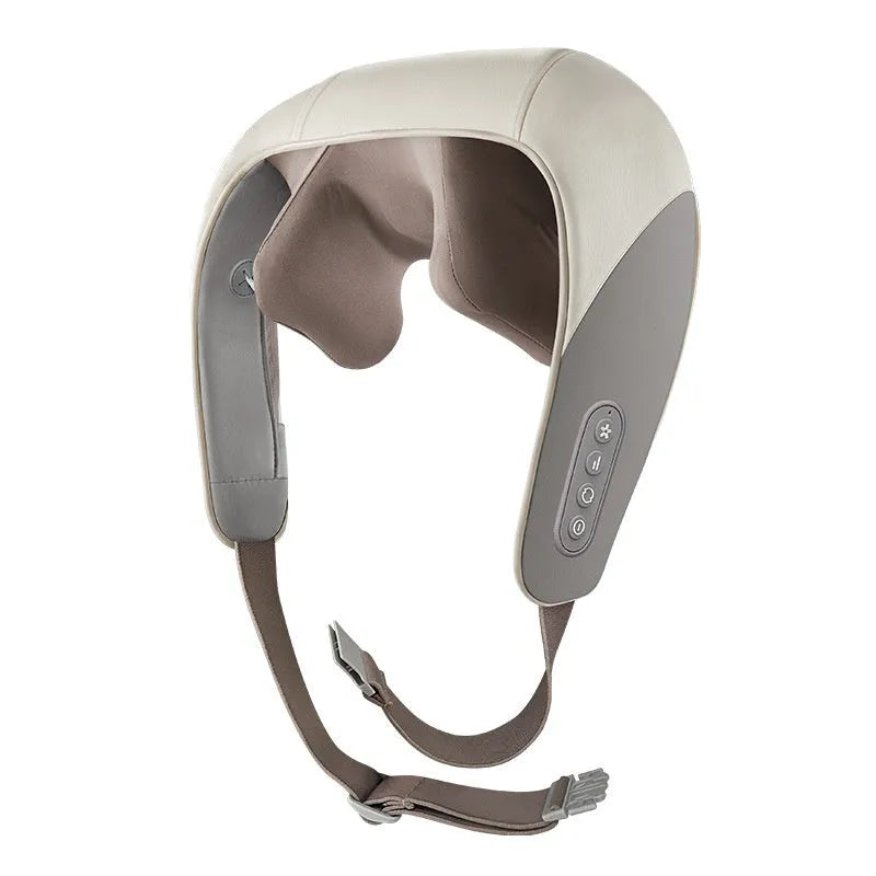 White brown rechargeable electric massager with free hands rubbing clip for neck, shoulder, waist and back, three gear settings and timing function
