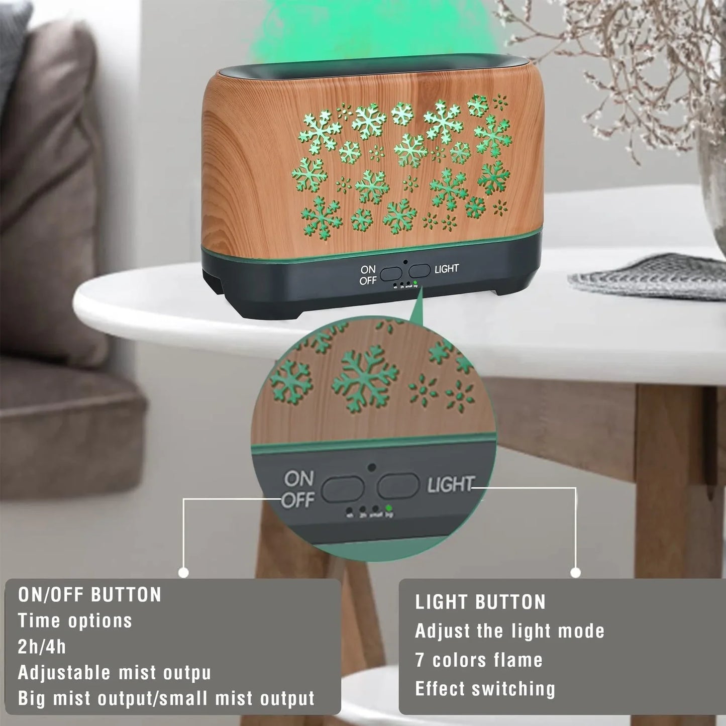 Square Christmas snowflake pattern humidifier with wood grain design and colourful flame lighting effect on desktop