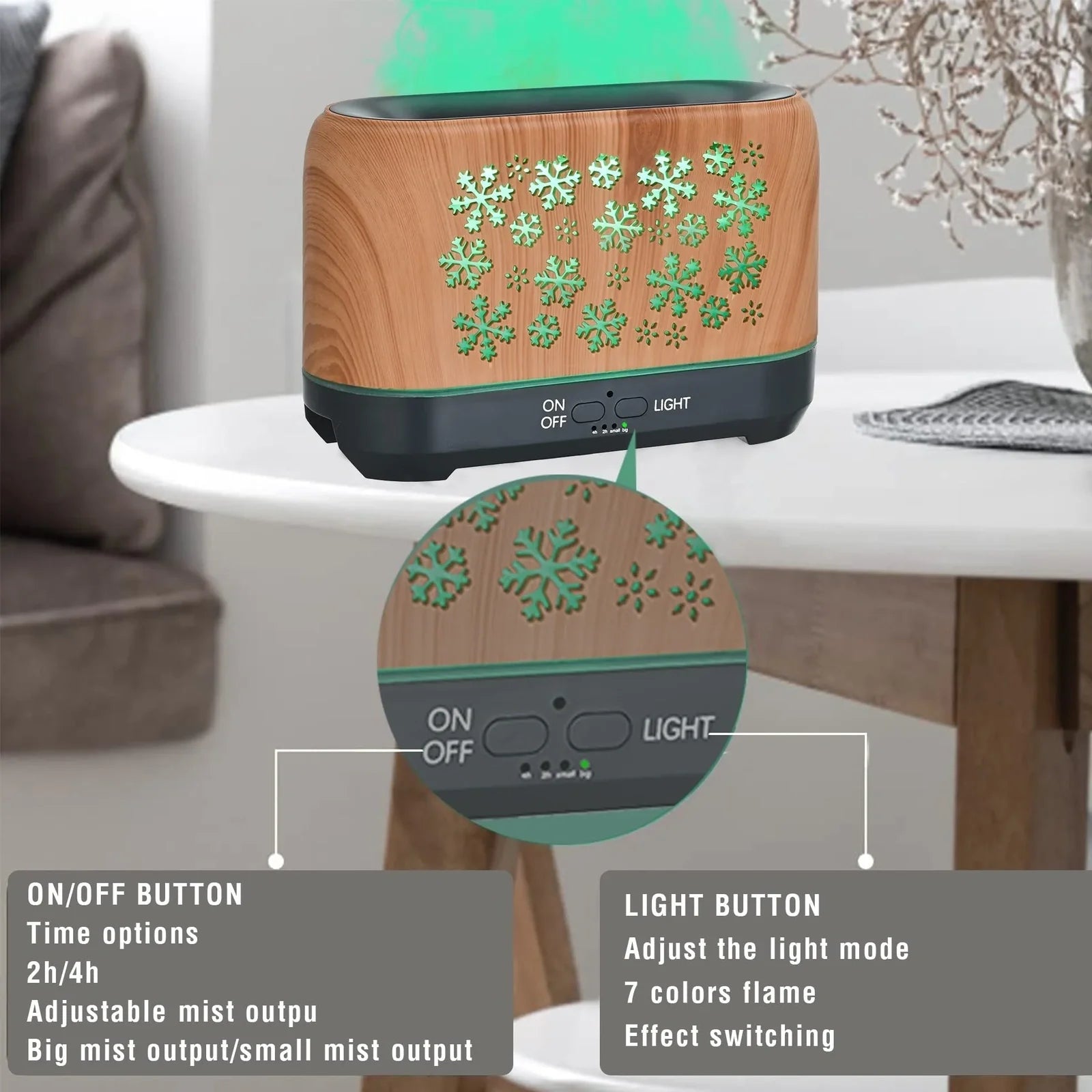 Square Christmas snowflake pattern humidifier with wood grain design and colourful flame lighting effect on desktop