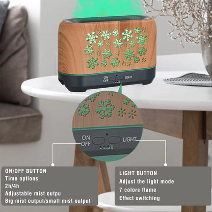 Square wood grain humidifier with colourful snowflake pattern and multicolour flame effect mist.