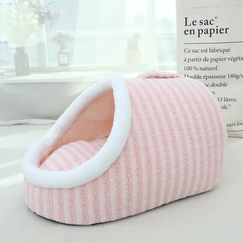 Macaron-shaped thickened cloth cat bed cage in pink, shown in a three-dimensional nest design.