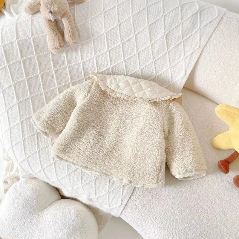 Fleece-lined lapel children's jacket with cotton lining and polyester main fabric, designed for heights from 80cm to 130cm with single-breasted closure and beige colour option