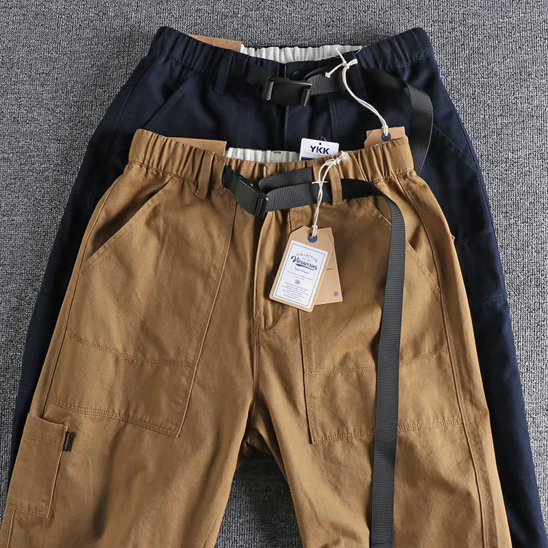 Men's khaki work trousers with N I buckle belt and three-dimensional cutting design