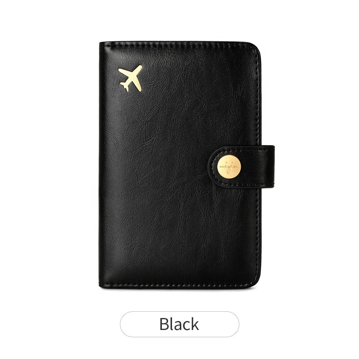 Simple PU leather passport holder in sapphire blue with visible sewing lines, showing card slots and RFID protection.