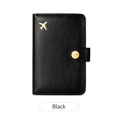 Simple PU leather passport holder in sapphire blue with visible sewing lines, showing card slots and RFID protection.
