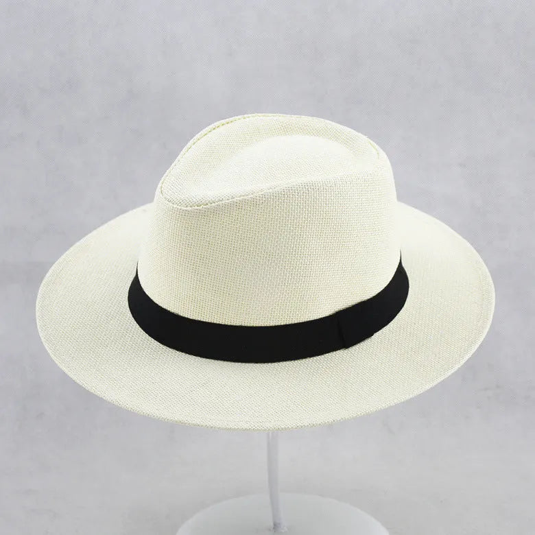 Men's wide brim flat top sun hat in beige colour with a paper fabric construction.