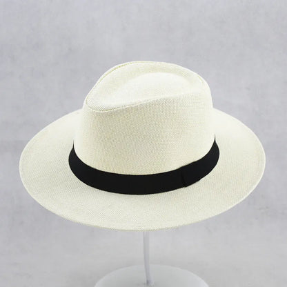 Men's wide brim flat top sun hat in beige colour with a paper fabric construction.