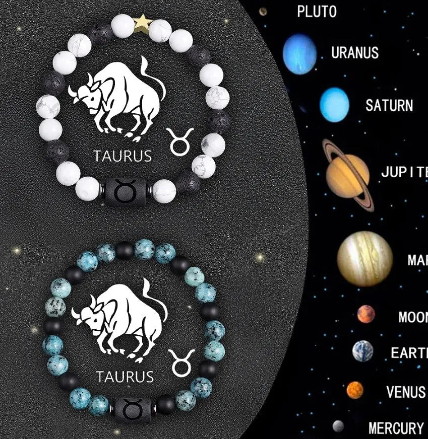 Twelve Zodiac Sign beaded bracelet set with natural stone beads and stainless steel clasp on wrist