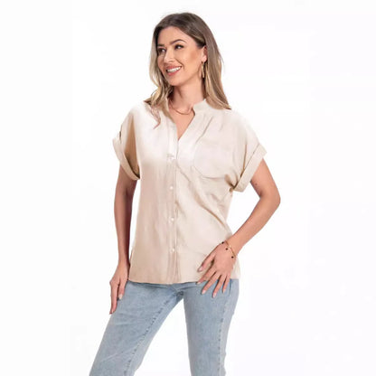 Women's loose-fit short sleeve top with stand collar and button front in army green