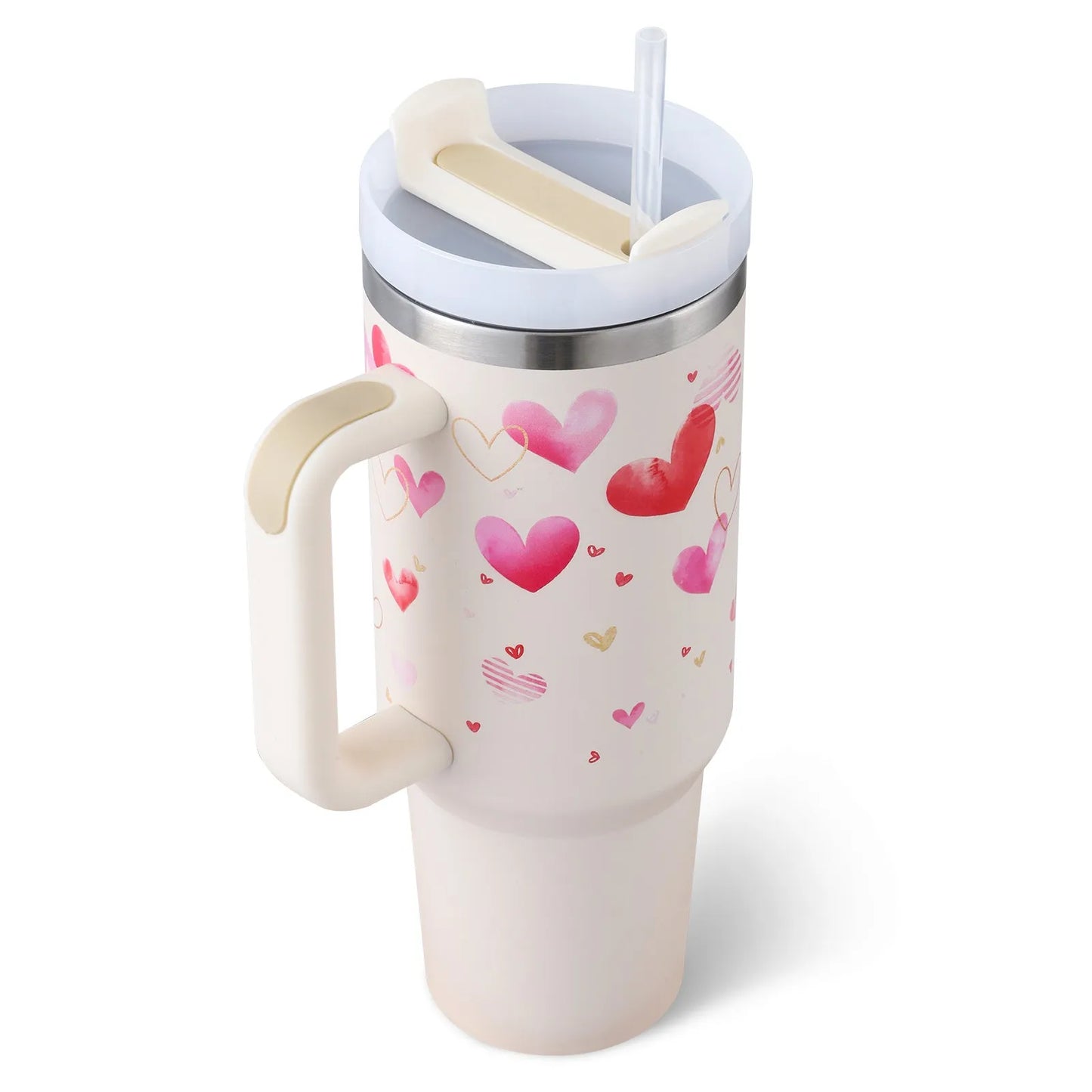 40 oz stainless steel insulated tumbler with handle and straw in tapered mug design