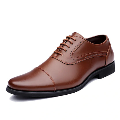 Men's black and brown casual leather shoes with sewing line detailing and rubber soles