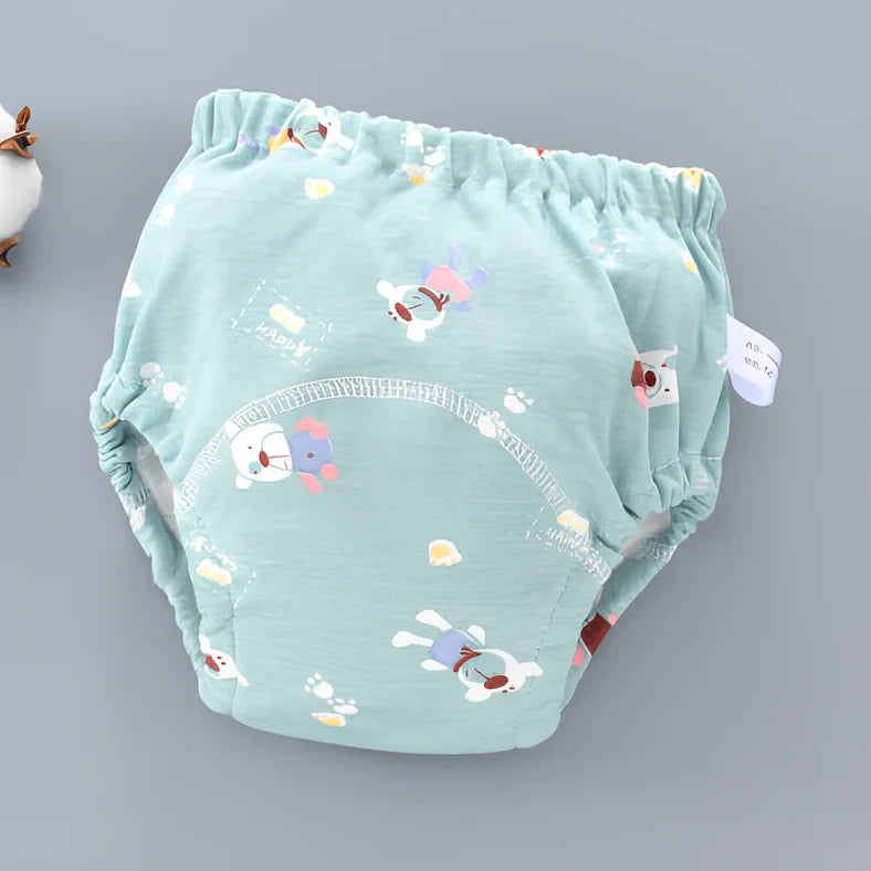 Washable baby training pants with 6-layer gauze construction in assorted patterns including animals and geometric designs