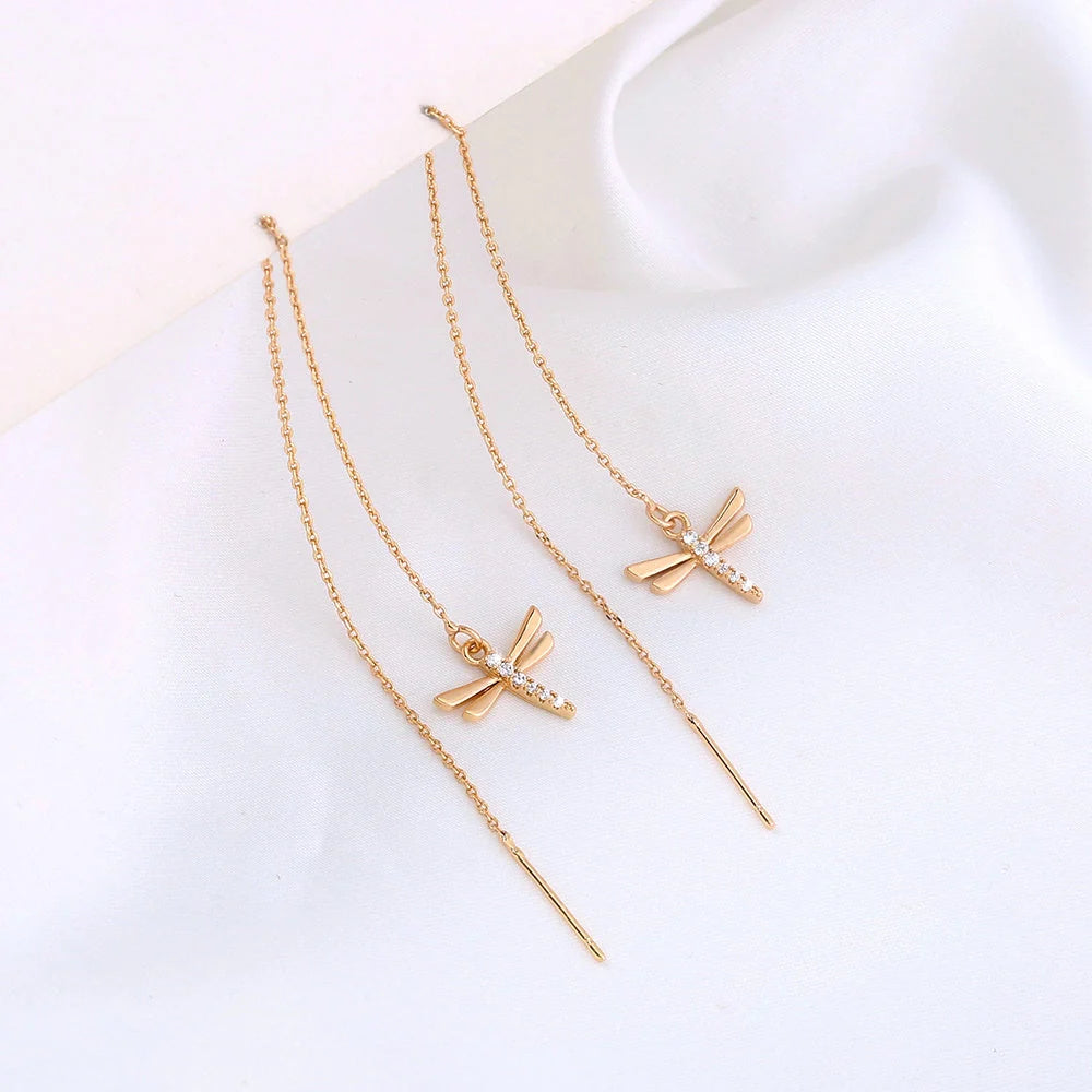 Gold Copper Dragonfly Earrings with Zircon Long Tassel - Unique Fashion Jewelry