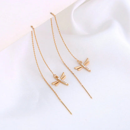 Gold Copper Dragonfly Earrings with Zircon Long Tassel - Unique Fashion Jewelry