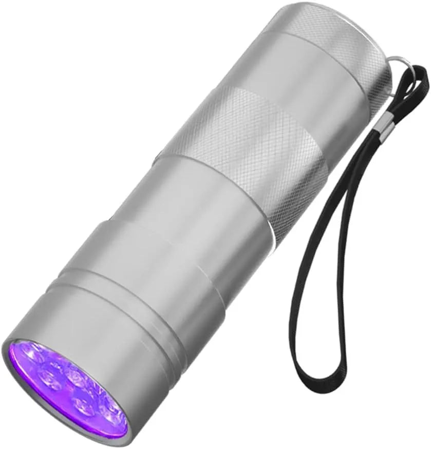 Black and silver handheld UV LED flashlight for detecting stains and insects.