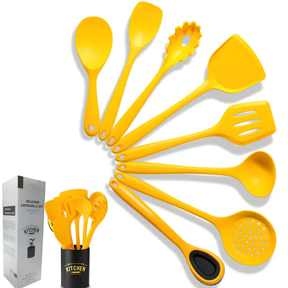 Yellow nonstick silicone nylon cooking spoon spatula, 28cm long with 8cm head for kitchen stirring and flipping