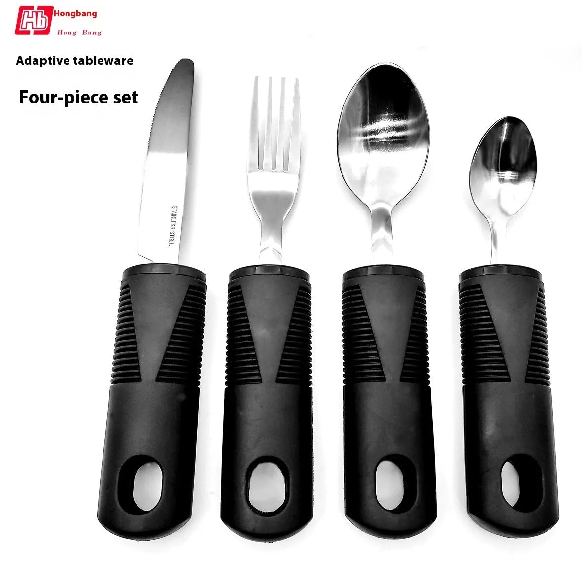 Stainless steel adaptive eating utensils with rubber handles and bendable components for elderly anti-shake support