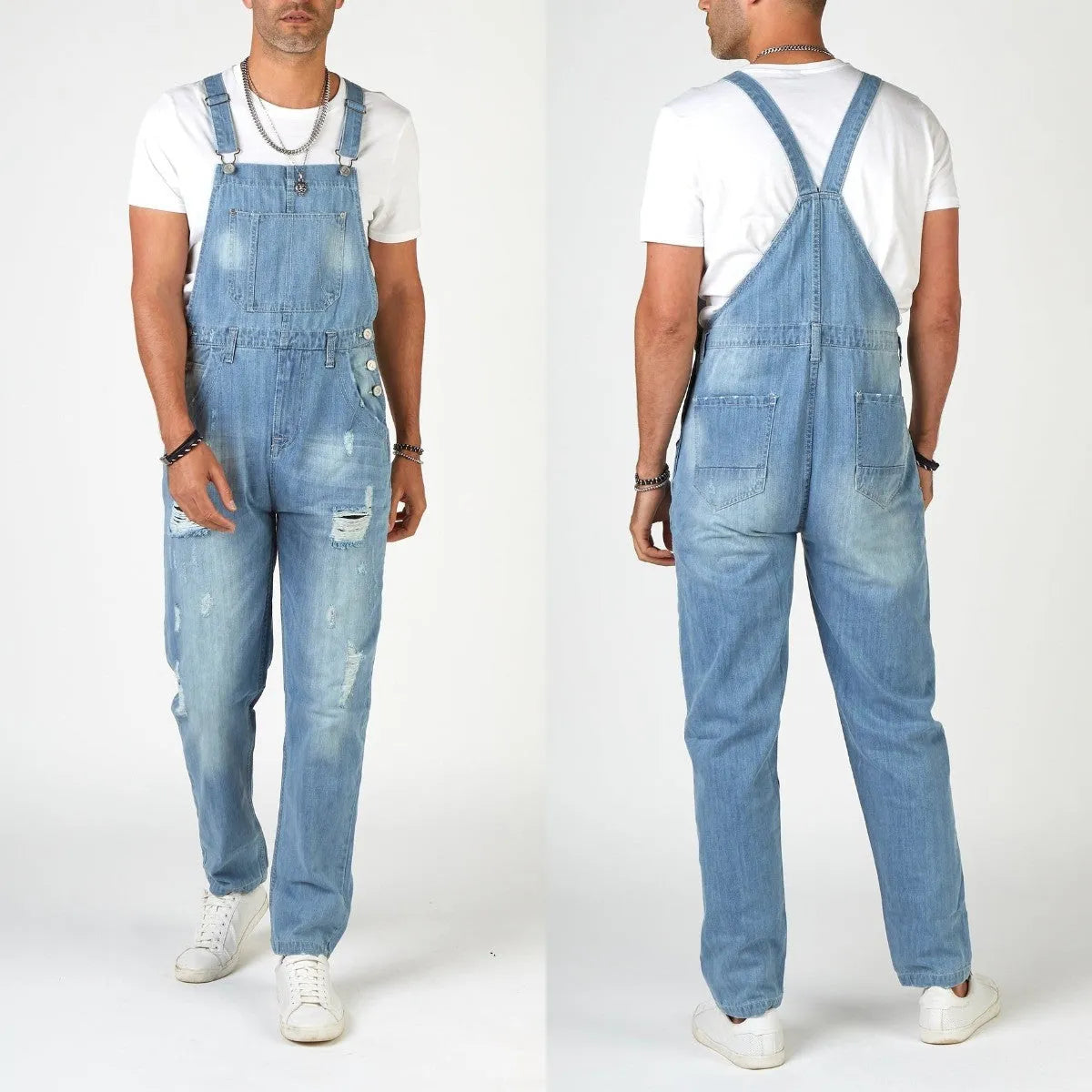 Light blue men's suspender jeans with ripped detailing and straight leg cut