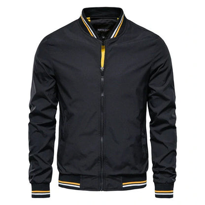Men's striped zip-up jacket with pockets, available in multiple color options and sizes