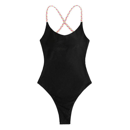 Black women's one-piece backless nylon swimsuit on a hanger