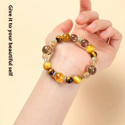 Natural tiger-eye crystal bracelet with yellow tower pattern in geometric design
