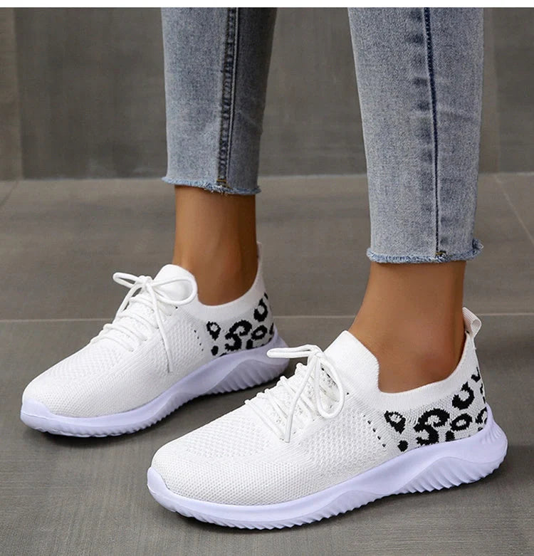 Women's leopard print lace-up sneakers with medium heel and breathable net cloth upper