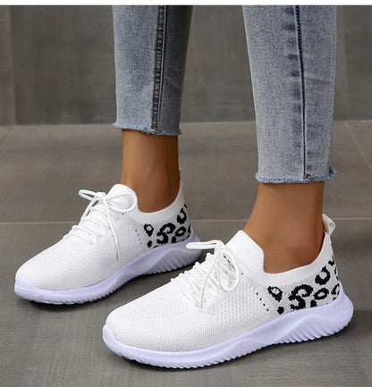Women's leopard print lace-up sneakers with medium heel and breathable net cloth upper