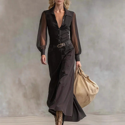 Black long sleeve mesh dress with asymmetric skirt and high waist design