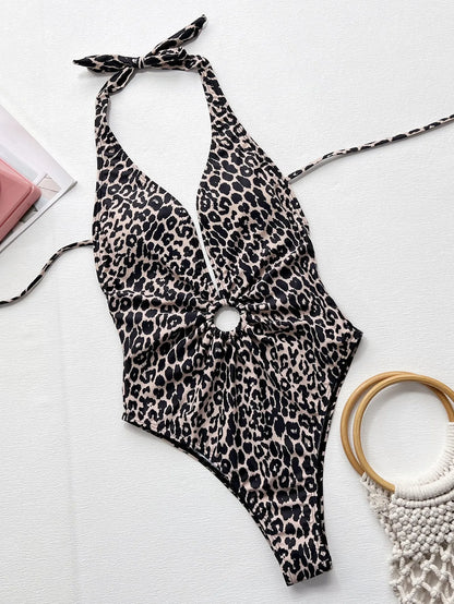 Leopard print hollow-out ring bikini style one-piece swimsuit for women