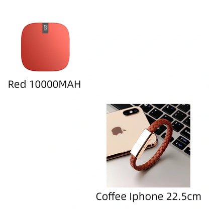Red 10000 mAh mini power bank with digital display showing battery percentage, measuring 90x64x24mm