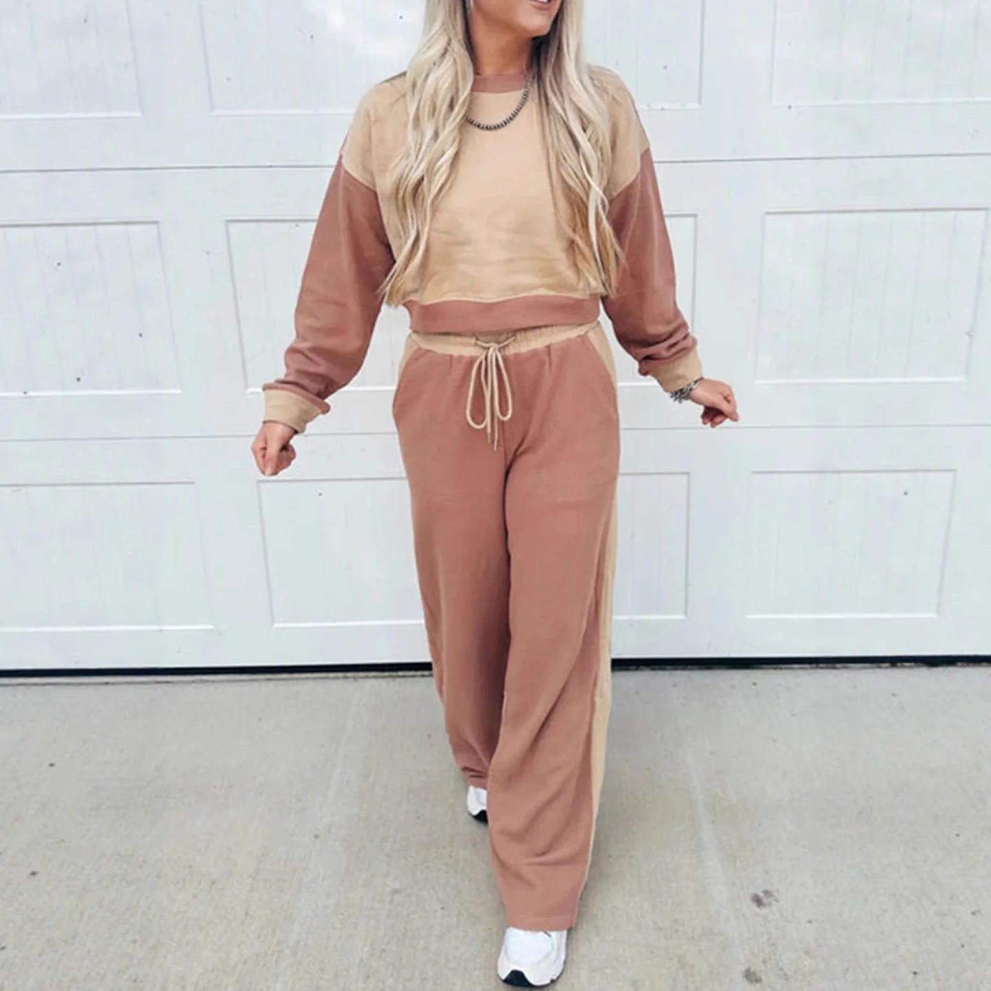 Women's camel-coloured cotton matching sports leisure suit with top and trousers