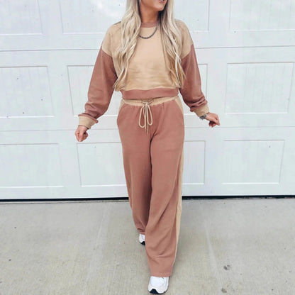 Women's camel-coloured cotton matching sports leisure suit with top and trousers