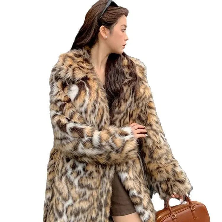 Faux fur coat with 80cm length, fur collar, and street fashion pockets in artificial fur fabric