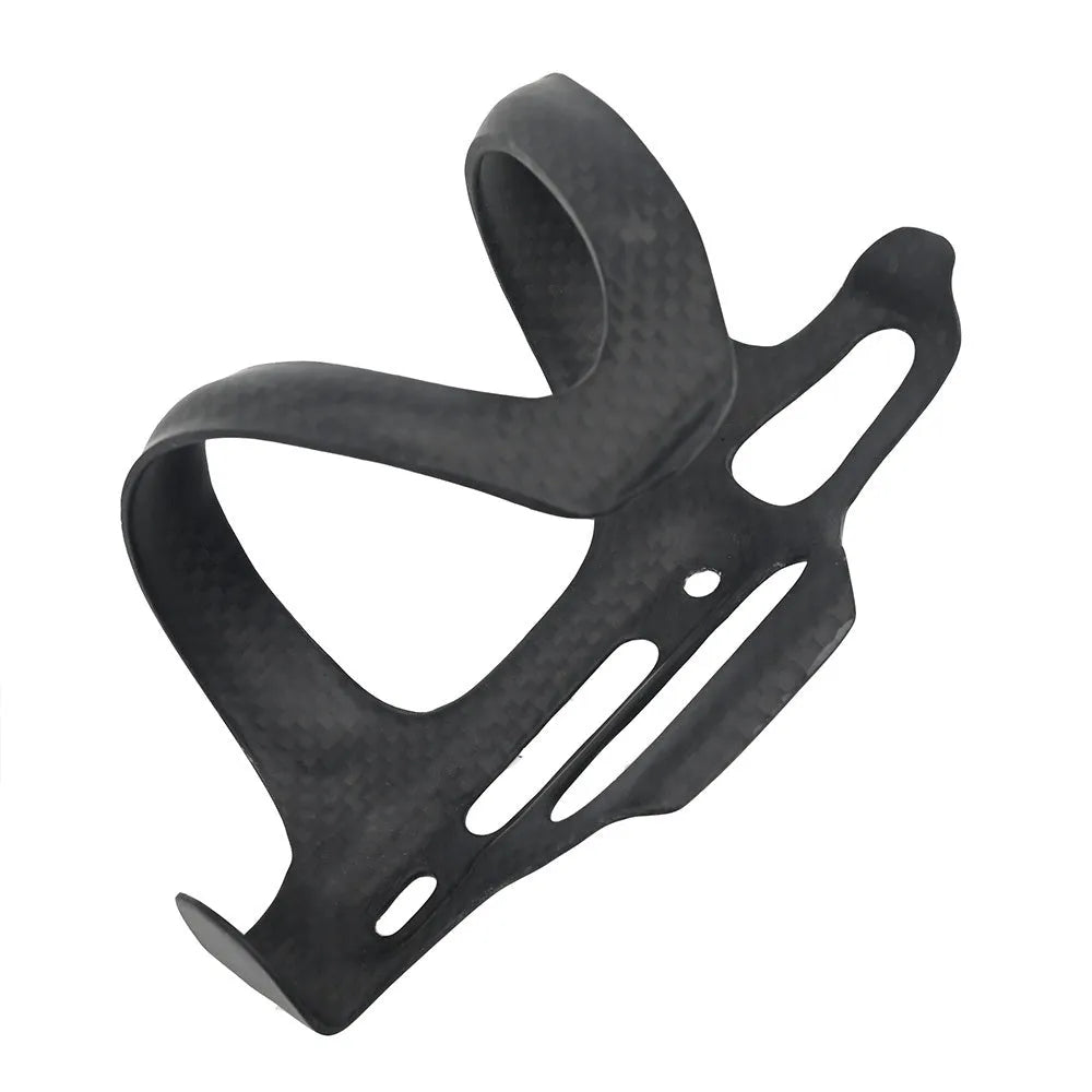 Black carbon fibre side pull water bottle cage for bicycles with 145mm height and 76mm width dimensions
