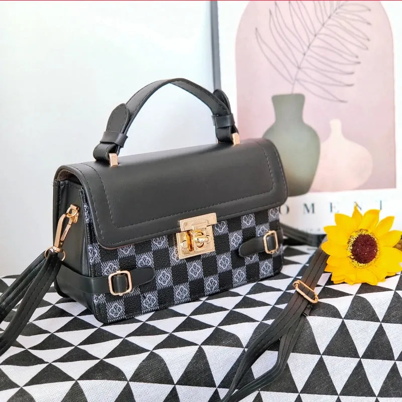 Retro square pattern crossbody bag in apricot colour showing 19.5x7.5x12cm dimensions and adjustable shoulder strap