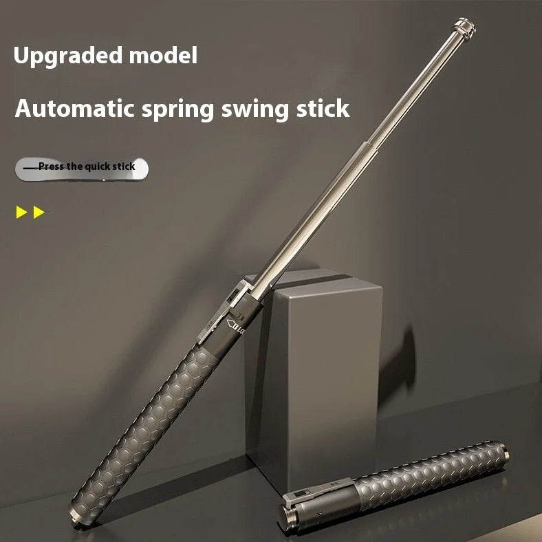 Automatic spring expandable baton in titanium black with aluminium alloy construction showing three length options