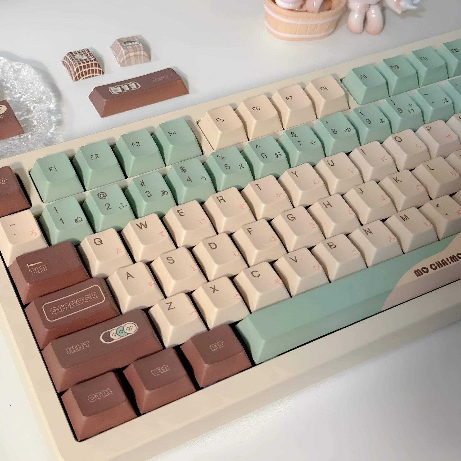 Craft Key CAP mechanical keyboard keycaps in matcha theme with five-sided sublimation printing, key puller, and blister carton.