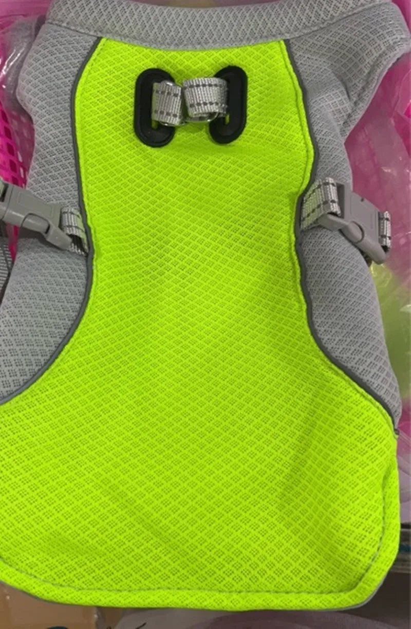 Orange polyester dog cooling vest showing layered construction and adjustable fit on a medium-sized dog.